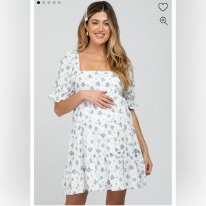 Pink Blush Blue Floral Puff Sleeve Maternity Mini Dress